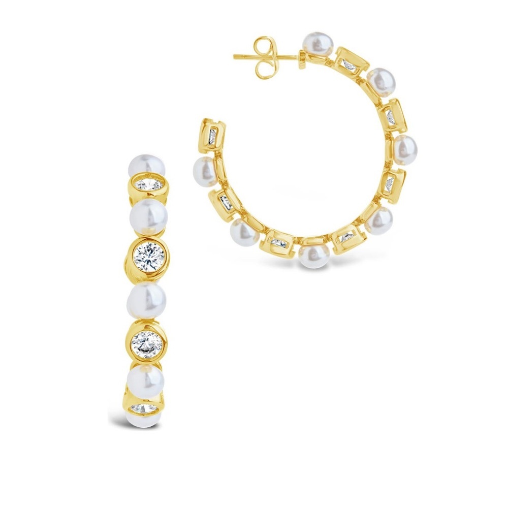 Sterling Silver Theodora 14K gold‎ plated cubic zirconia pearl Hoop Earrings - Picture 2 of 11